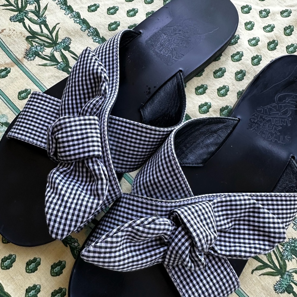 Ancient Greek Sandals Black & White Gingham Bow Slide Sandals